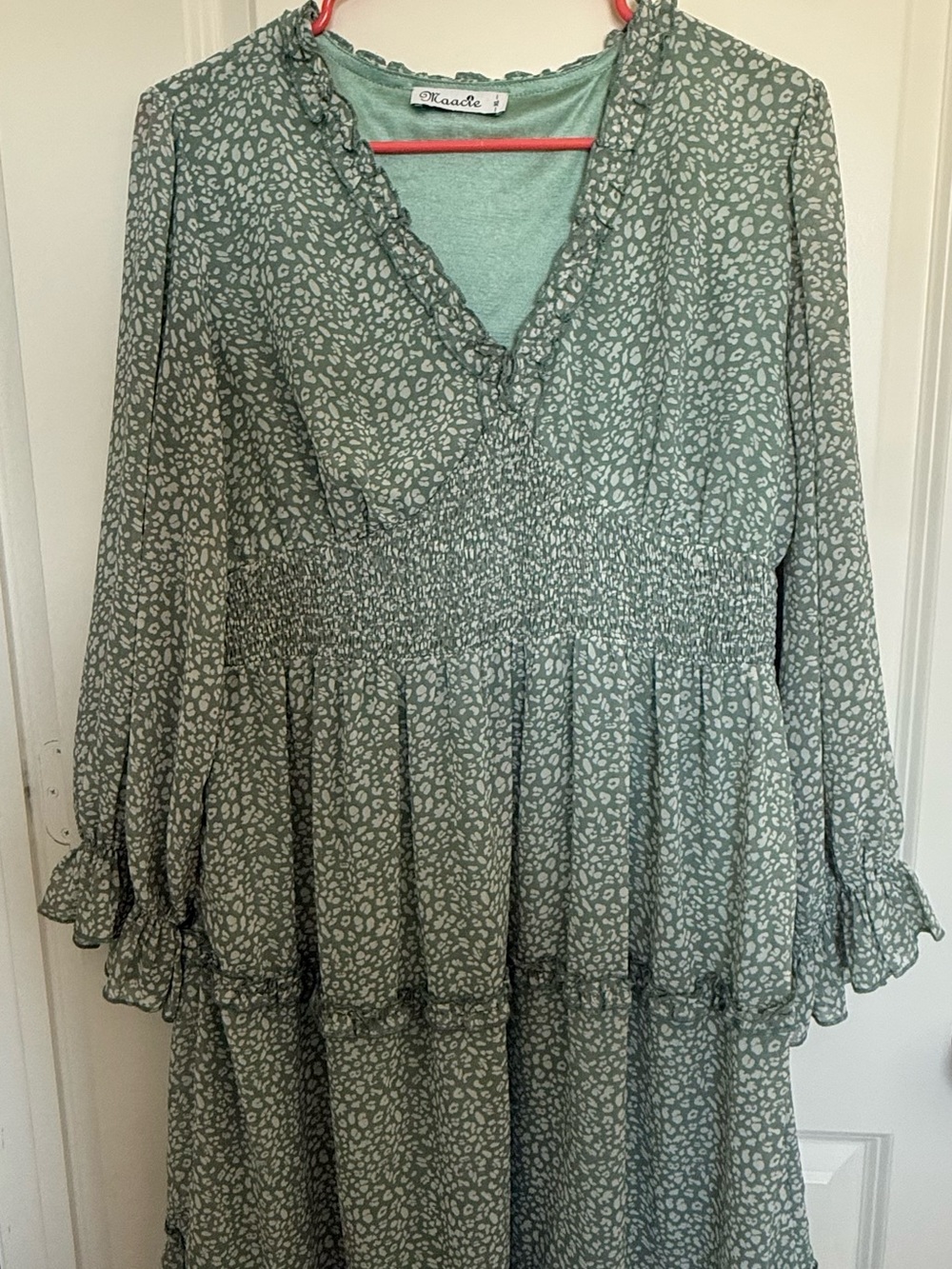 Sage Green Printed Smocked Waist Long Sleeve Dress